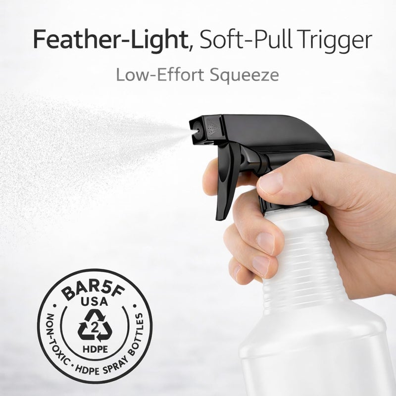 Bar5F Chemical-Resistant Spray Bottle – BPA-Free, Durable, Adjustable Nozzle for Cleaning, Gardening, Hydrogen Peroxide, Rubbing Alcohol, Leak-Proof, Multipurpose (Black (2-Pack) 24-Ounce) - Image 4